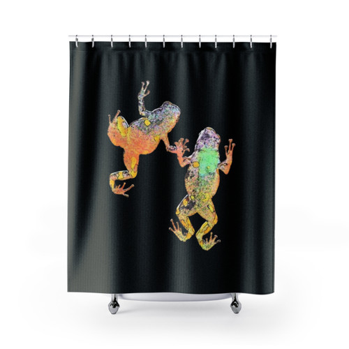 Frog-themed shower curtain with nature-inspired design