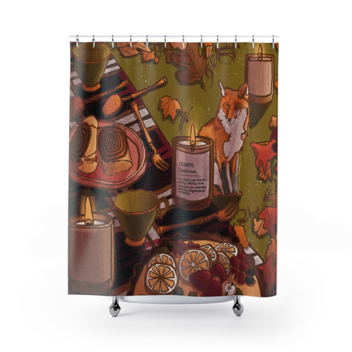 Autumn themed tea time shower curtain with fox, leaves, and teacups