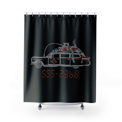 Ghostbusters themed shower curtain with neon car, ghosts, and characters