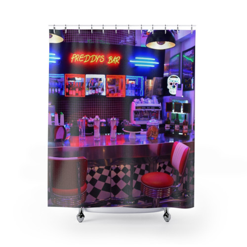 Bar-themed shower curtains for diner and cafe decor