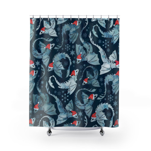 Dark blue Christmas snowflake shower curtains with dragon and fantasy design