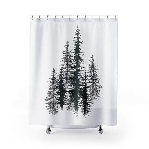 Scandinavian forest shower curtain with dotwork design