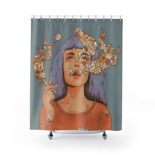 Surreal floral shower curtain with nature and moon design