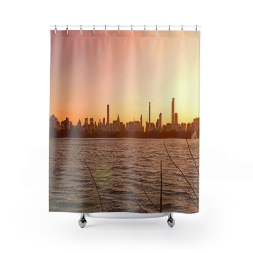 Panoramic image of the New York City reservoir and skyline on a shower curtain