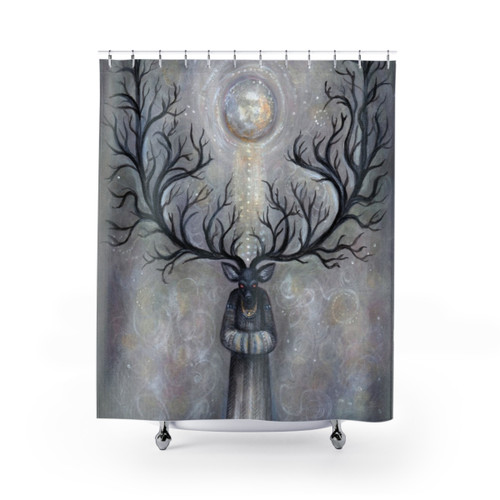 Forest Guardian Shower Curtains featuring a mystical deer-like figure