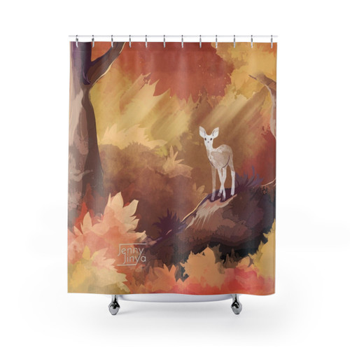 Autumn watercolor shower curtain with deer in forest design