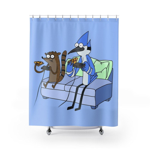 Mordecai and Rigby Pizza and Video Games Shower Curtains