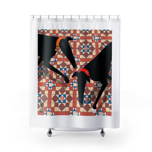 Hounds and Tiles Shower Curtains featuring Greyhound, Whippet, and Lurcher designs