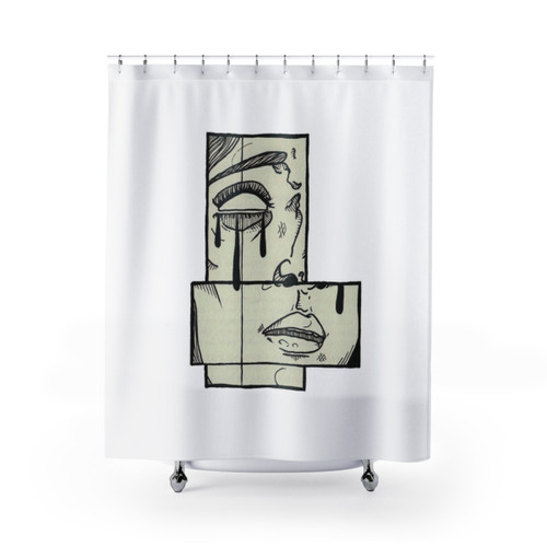 Sad-themed shower curtain with emotional design