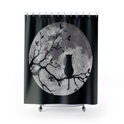 The Cat and the Moon Shower Curtain with a whimsical design featuring a cat and the moon