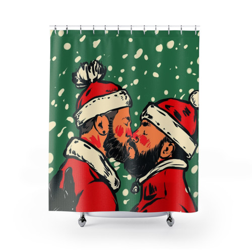 Festive winter shower curtain featuring a gay couple kissing with snow