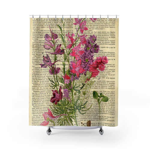Botanical print shower curtains with garden flowers