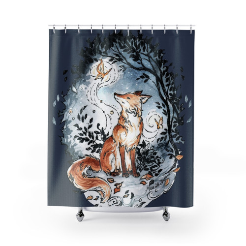 Watercolor painting of a forest fox at night with a moth