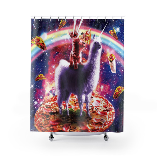 Cosmic Cat Riding Llama Unicorn Shower Curtain