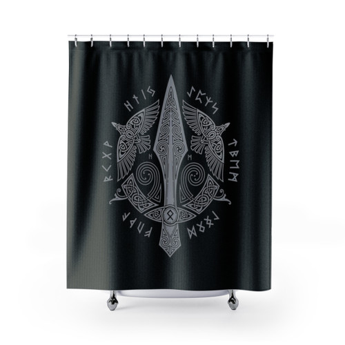 GUNGNIR Scandinavian Shower Curtains featuring Norse mythology symbols