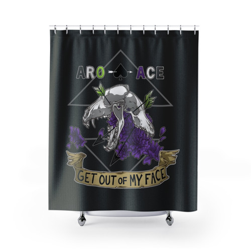 Aro Ace Themed Shower Curtain with Skulls, Bones, and Flowers