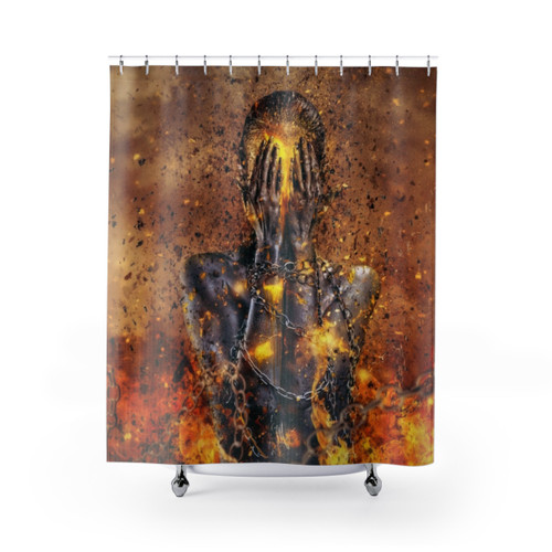 Fire-themed shower curtain with dramatic imagery