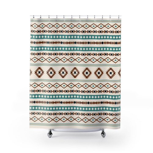 Aztec Pattern Shower Curtains in Teal, Terracotta, Black and Cream Colors