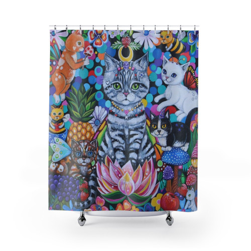 Colorful fantasy garden shower curtains with cats, kittens, and fairies