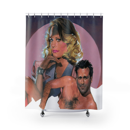 Moonlighting themed shower curtain with characters Bruce Willis and Cybil Shepherd