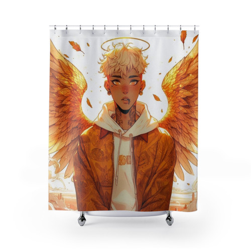 Ethereal guardian angel shower curtains with freckles and golden halo