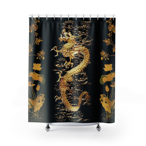 Floral Shower Curtain with Dragon, Egret, Lotus Design