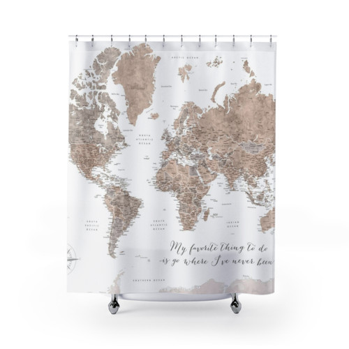 Detailed World Map Shower Curtain in Taupe