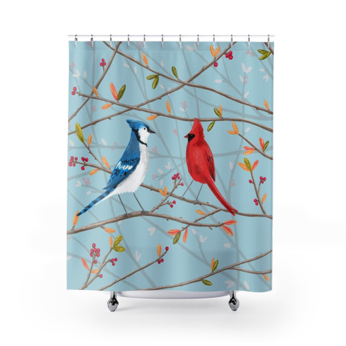 Blue Jay and Red Cardinal Bird Pattern Shower Curtain