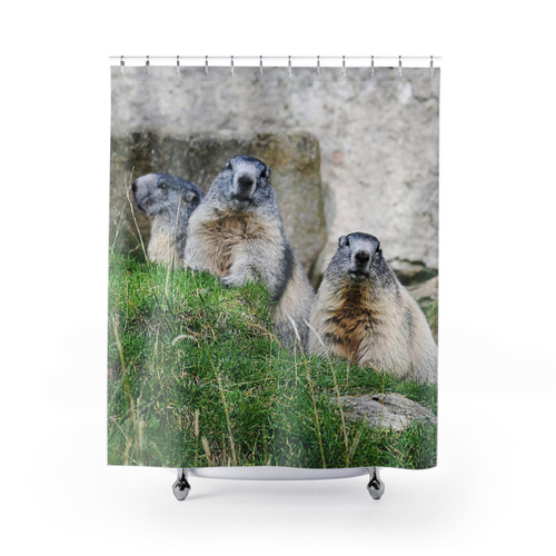 Marmot-themed shower curtain for an alpine-inspired bathroom