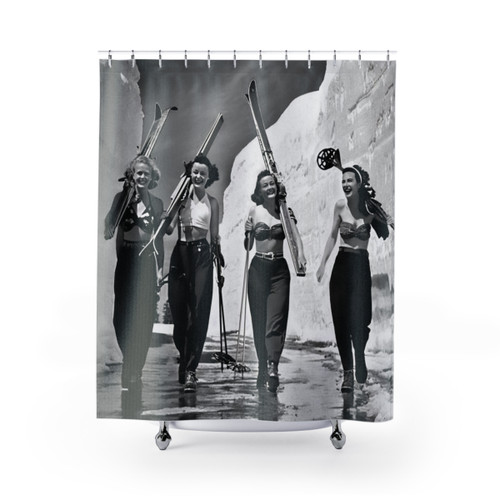 Vintage Ski Photo Shower Curtains featuring Girls Skiing