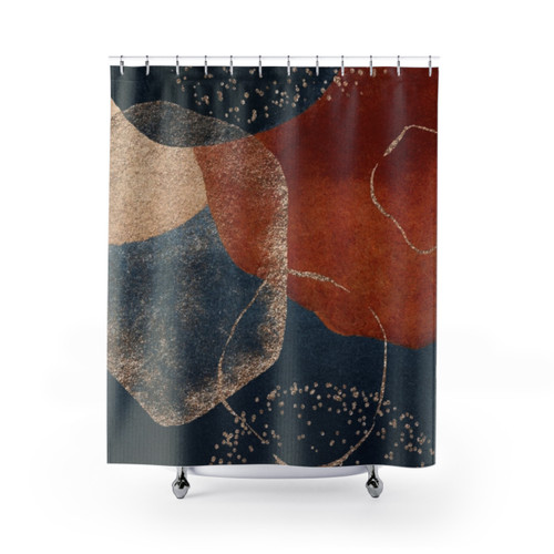 Artistic Navy Blue, Blush Pink & Terracotta Shower Curtains