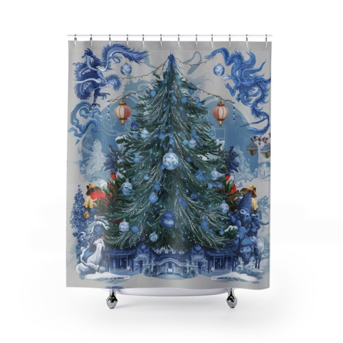 Blue Chinoiserie Christmas Tree Shower Curtain