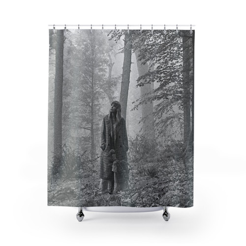 Folklore-inspired shower curtain featuring nature and music elements