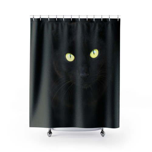 Black cat portrait shower curtain featuring feline eyes and whiskers