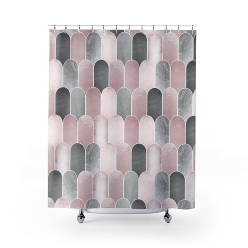 Mid Century Arches Shower Curtains in Blush Pink and Grey