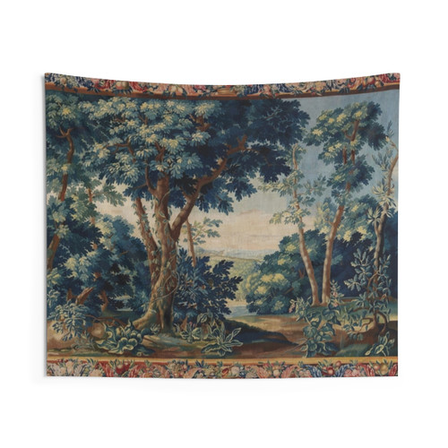 Antique Flemish Tapestry with Greenery and Trees in Woodland Landscape