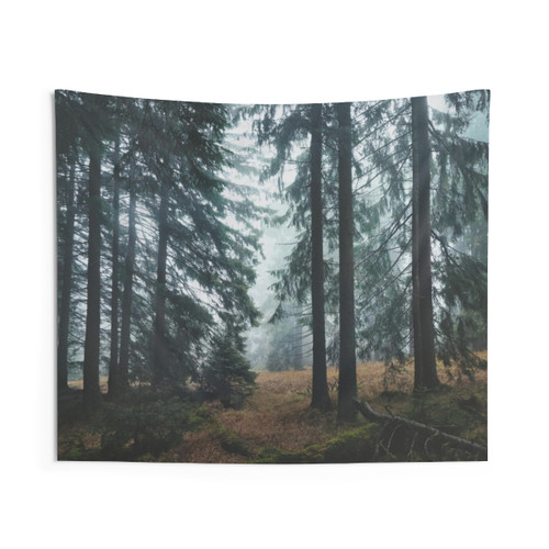 Misty forest tapestry with enchanting wilderness scene