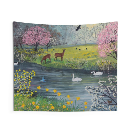 Spring River Tapestry featuring scenic landscape with wildlife and florals
