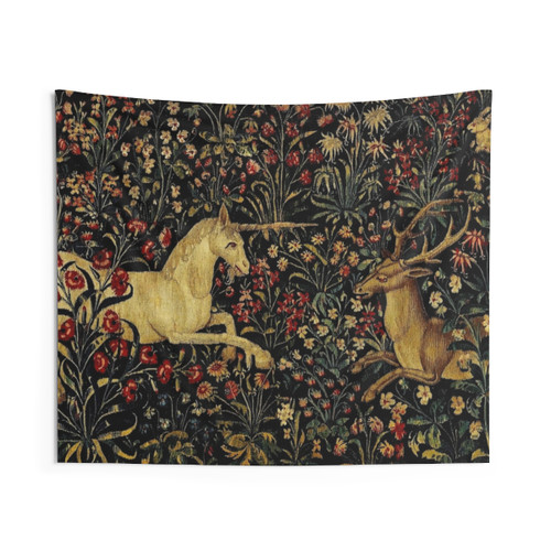 Medieval Unicorn Midnight Floral Tapestry