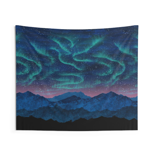 Aurora borealis tapestry featuring a stunning display of the northern lights over a mountain landscape