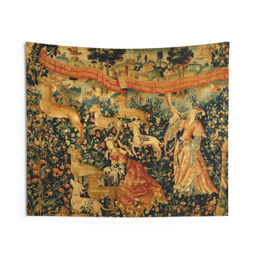 Antique medieval deer hunting tapestry with ladies and dogs
