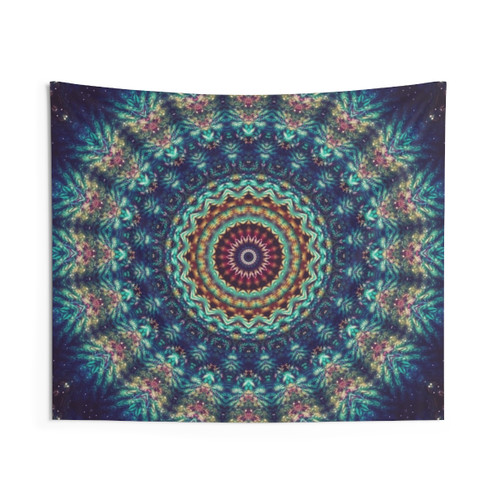 Colorful mandala tapestry featuring sacred geometry and nature elements