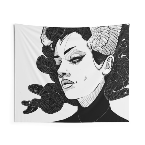 Medusa Mythology Tapestry with Black Snakes Design
