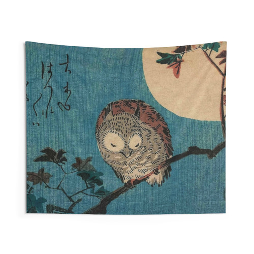 Japanese Art Tapestry Featuring Horned Owl on Maple Branch Under Full Moon