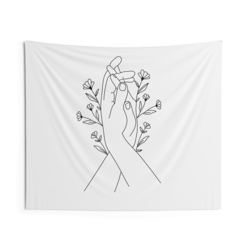 Minimalist hands holding flower line art tapestry