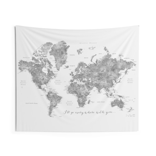 Gray Watercolor Detailed World Map Tapestry