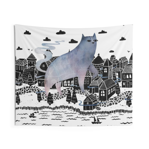 Surreal cat fog tapestry featuring a watercolor landscape with a cat