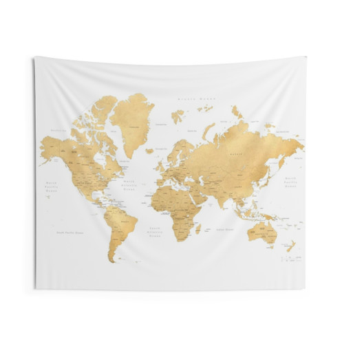 Detailed world map tapestry with gold accents