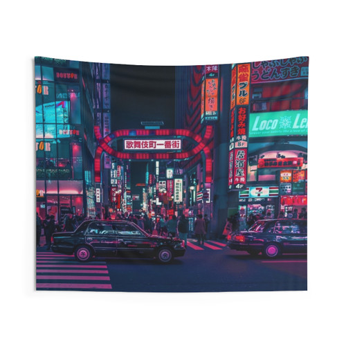 Cyberpunk Tokyo Street Scene Tapestry