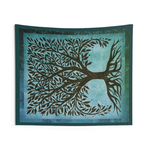 Tree of Life Woodcut Tapestry in Blue